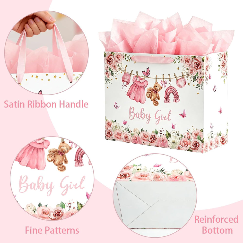 Yusenguan 16.5" Extra Large Baby Gift Bag Set with Tissue Paper and Greeting Card, Pink Floral Design for Girl Baby Shower, Kids Birthday Party and Newborn Gifts
