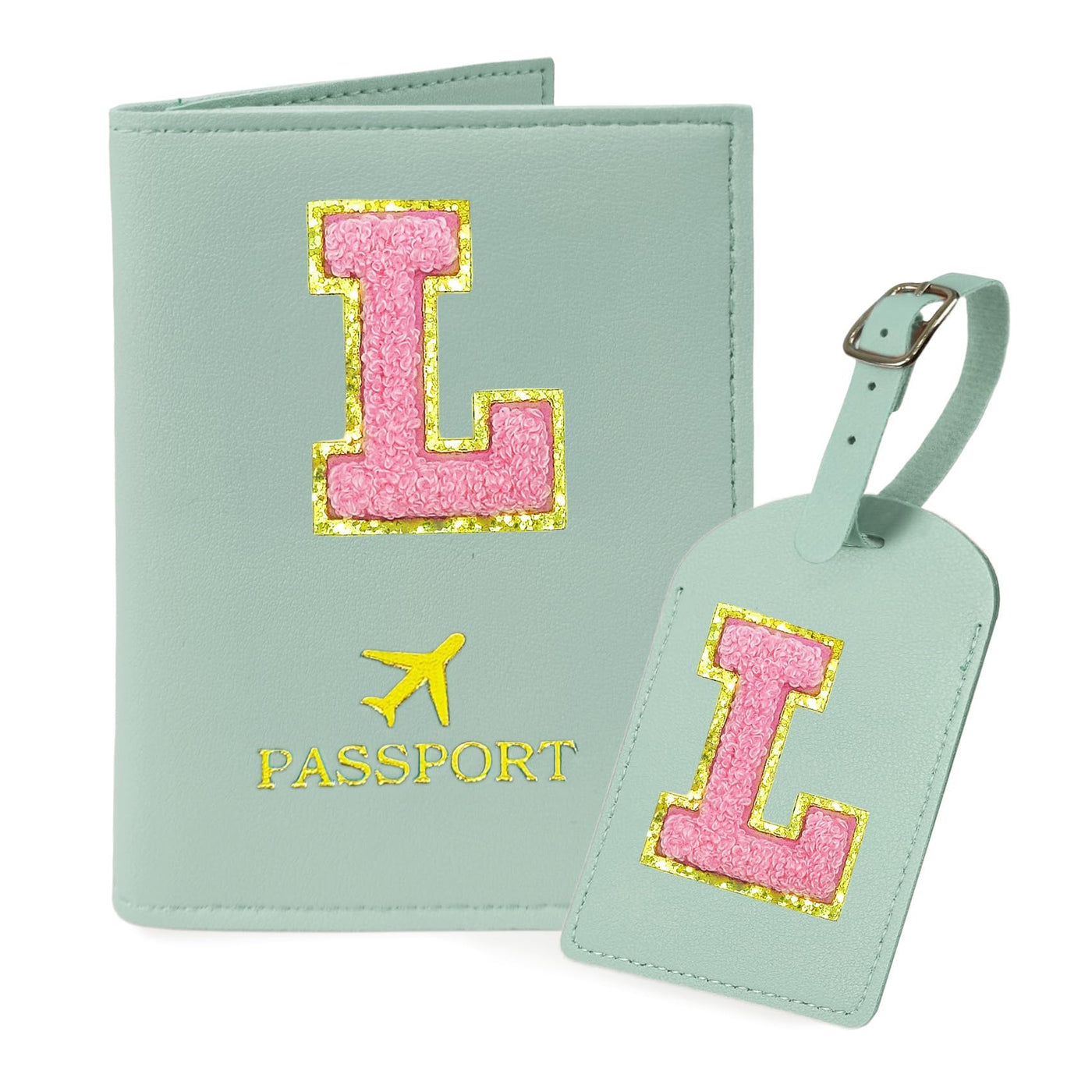 COSHAYSOO Purple Passport Cover Holder and Initial Luggage Tag Set TSA Approved with Personalized Monogram Chenille Letter Patch for Women Teen Girls, Cute Travel Bag Suitcase Identifier (A)
