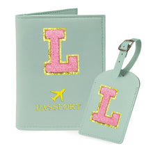 COSHAYSOO Purple Passport Cover Holder and Initial Luggage Tag Set TSA Approved with Personalized Monogram Chenille Letter Patch for Women Teen Girls, Cute Travel Bag Suitcase Identifier (A)