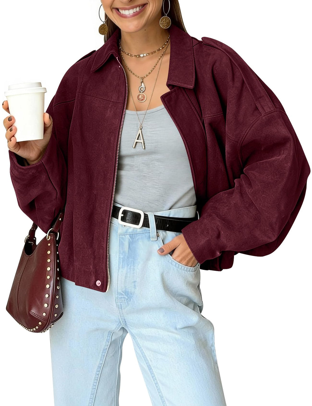 Kissonic Womens Faux Suede Bomber Jacket Oversized Batwing Long Sleeve Zip Up Cropped Coat Streetwear