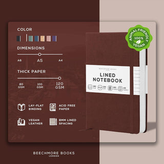 BEECHMORE BOOKS Premium Lined Leather Journal for Men & Women, 5" x 8" (A5) Thick 120gsm Ivory Cream Paper Notebook, Hardcover Vegan Leather Personal Diary, With Gift Box (Chestnut Brown)