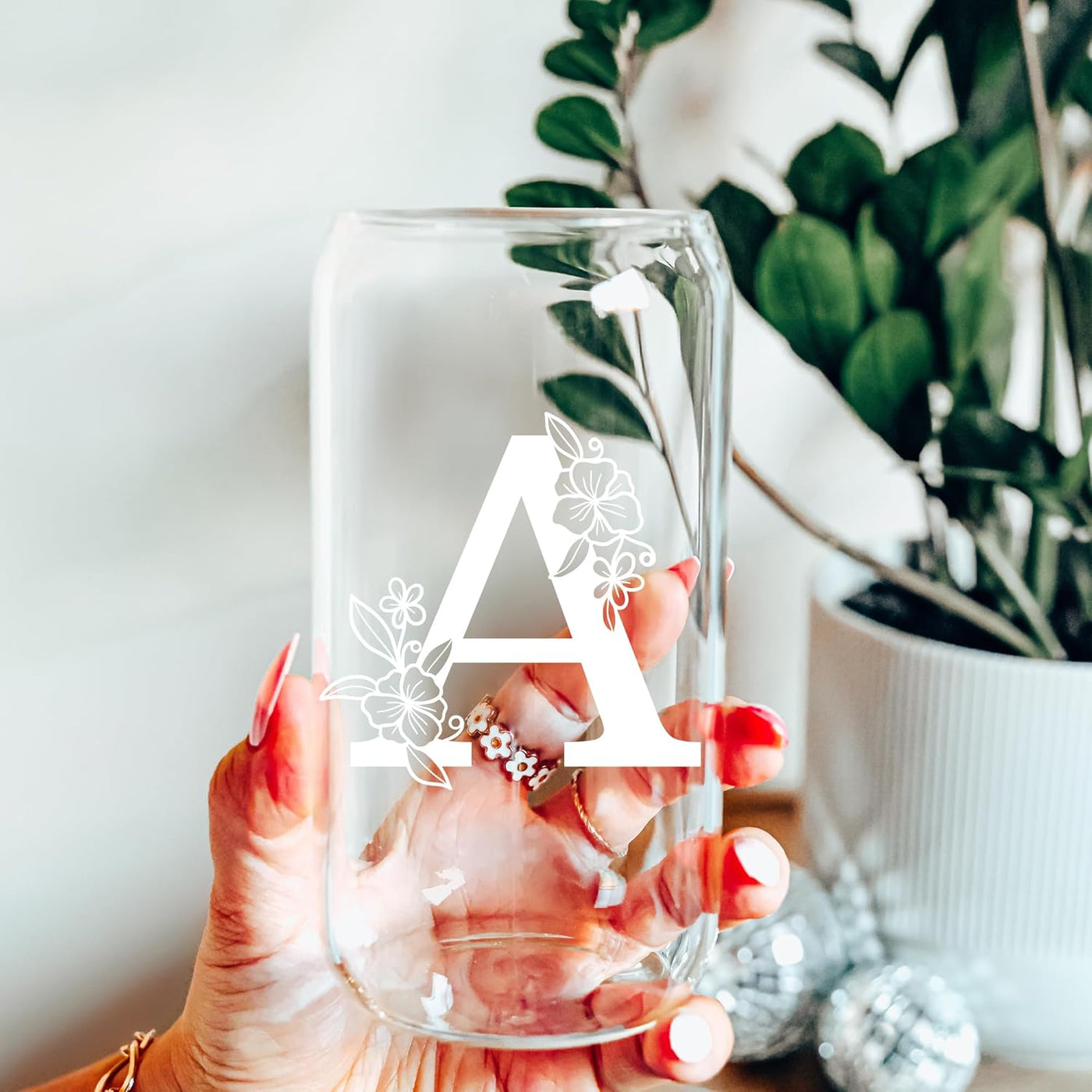 Personalized Tumbler, Monogrammed Can Glass Cups with Bamboo Lids and Straws, Customized Gifts for Women, Cute Design Initial Iced Coffee glasses, Custom Letter Mug, Birthday Bridesmaid, W