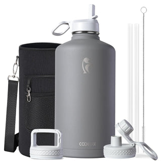 Water Bottle 40 oz Insulated with Straw&Brush, Coolflask Vaccum Stainless Steel Metal 3 Lids Water Flask for Sports, Gym or Office, Keep Cold 48H Hot 24H, Magic Black