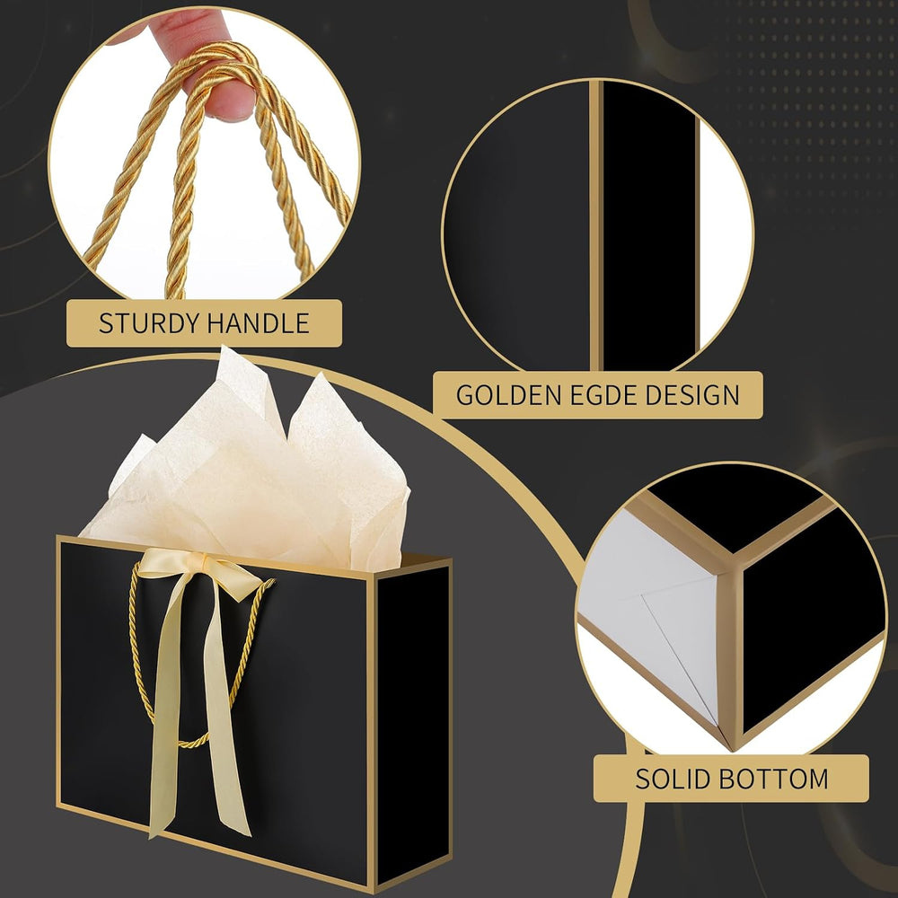 woric Black Gift Bags with Handles, 14" Medium Gift Bag with Tissue Paper, 2 Pcs Bags with 4 Tissue Paper and 2 Cards for Men Graduation Father's Day Birthday Party