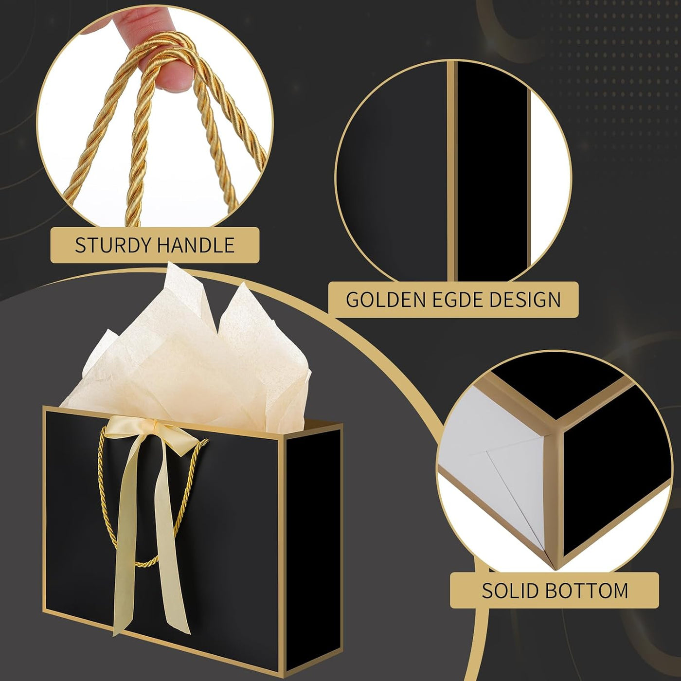 woric Black Gift Bags with Handles, 14" Medium Gift Bag with Tissue Paper, 2 Pcs Bags with 4 Tissue Paper and 2 Cards for Men Graduation Father's Day Birthday Party