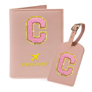COSHAYSOO Purple Passport Cover Holder and Initial Luggage Tag Set TSA Approved with Personalized Monogram Chenille Letter Patch for Women Teen Girls, Cute Travel Bag Suitcase Identifier (A)