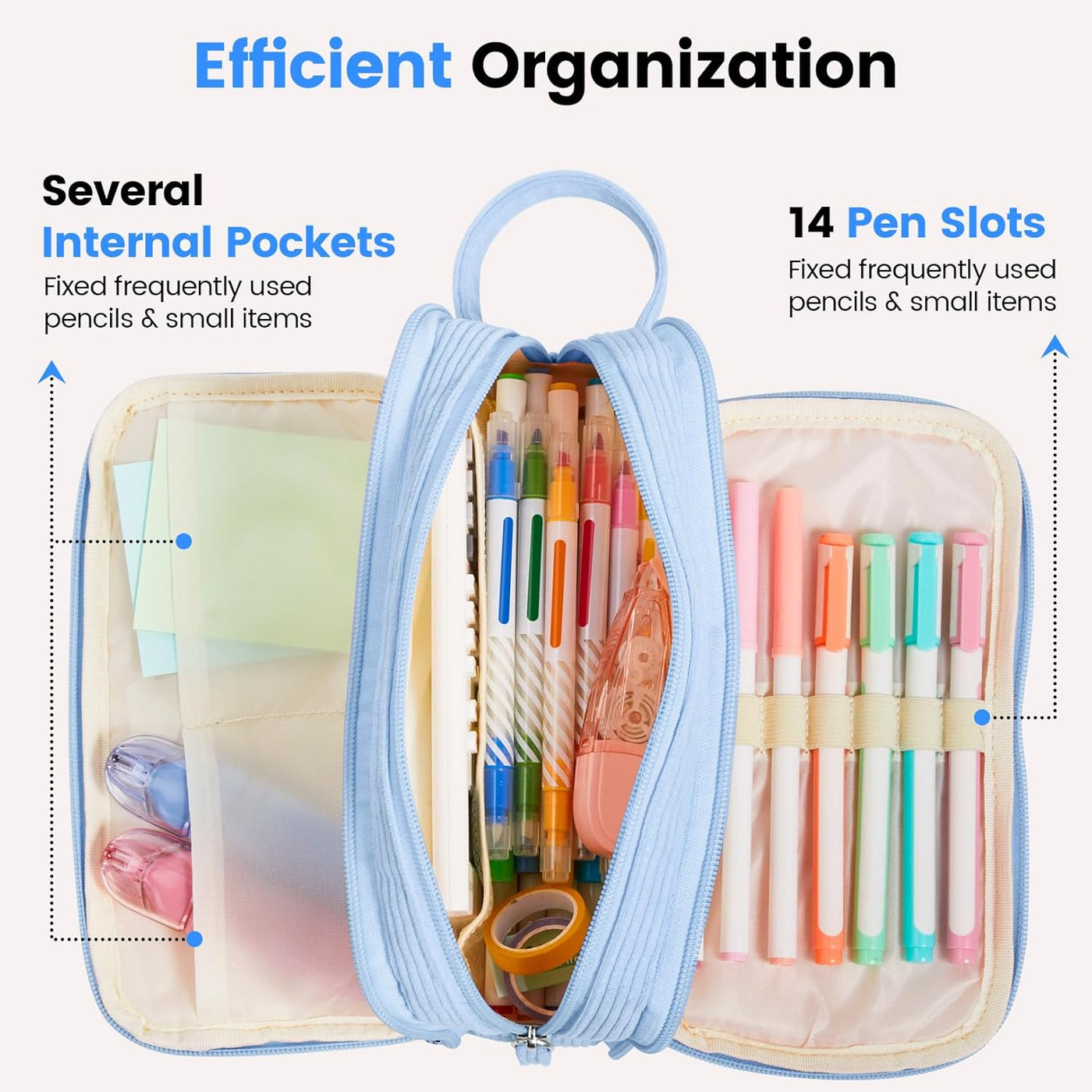 Sooez High Capacity Pencil Case, Soft Corduroy Pencil Pouch with 4 Compartments, Multiple Pockets, Large Pencil Bag with Sturdy Zipper, Cute Pencil Case Pouch Organizer for Student Teen Girls, Blue