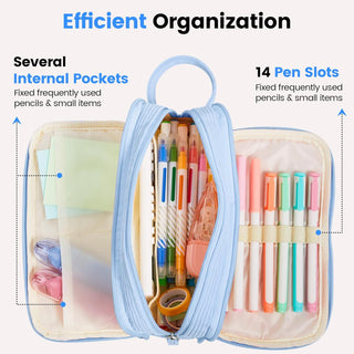 Sooez High Capacity Pencil Case, Soft Corduroy Pencil Pouch with 4 Compartments, Multiple Pockets, Large Pencil Bag with Sturdy Zipper, Cute Pencil Case Pouch Organizer for Student Teen Girls, Blue