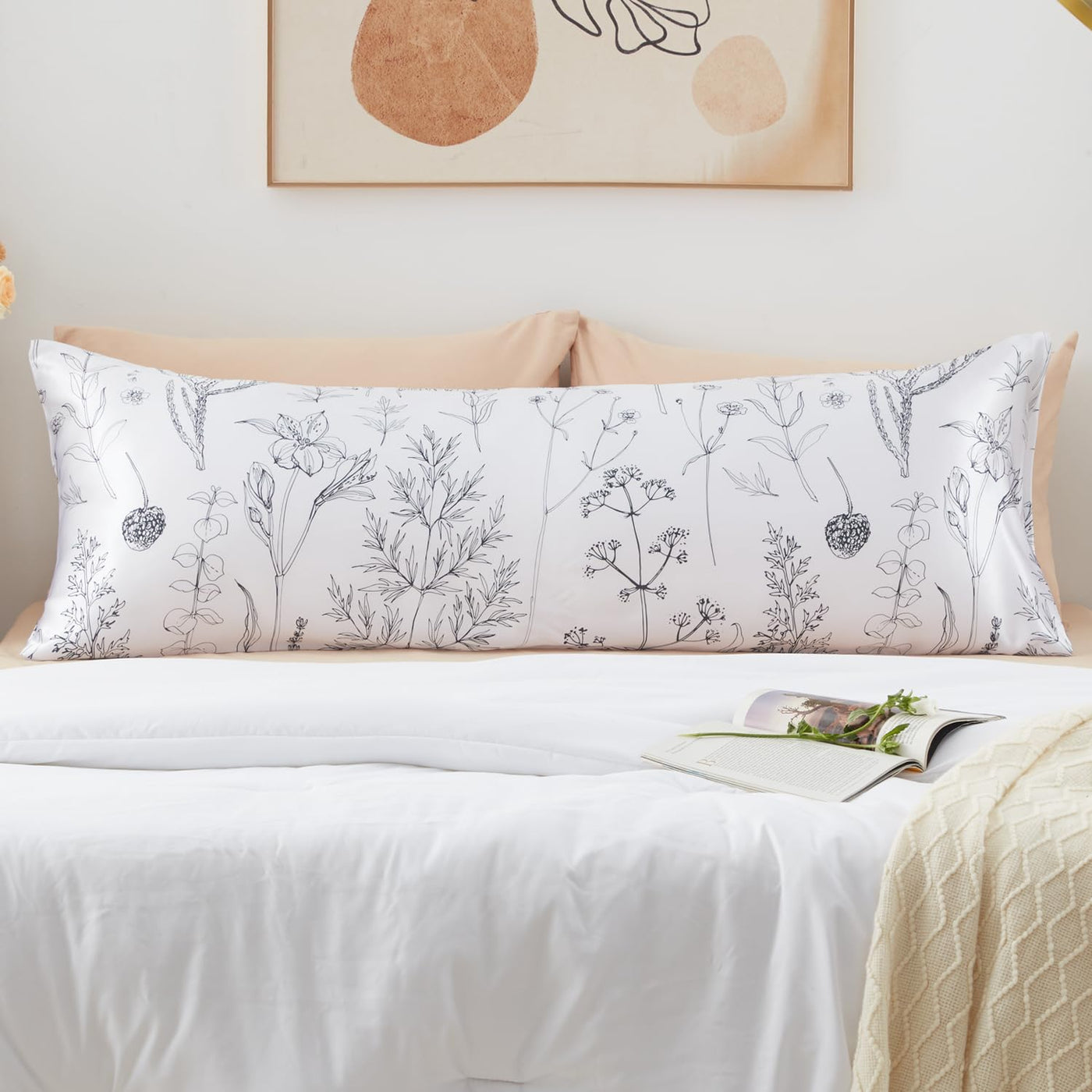 EXQ Home Silky Satin Pillowcase for Hair and Skin,Printed Pillow Cases Standard Size Set of 2 Satin Pillow Case 2 Pack with Envelope Closure(Ink Leaf, 20x26)
