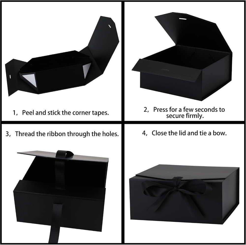 OEMVALATY 8-Pack Gift Boxes,9x9x4 Inch Magnetic Gift Boxes with Lids for Presents,Black with Ribbon, Bridesmaid Proposal Box for Wedding, Storage, Birthday