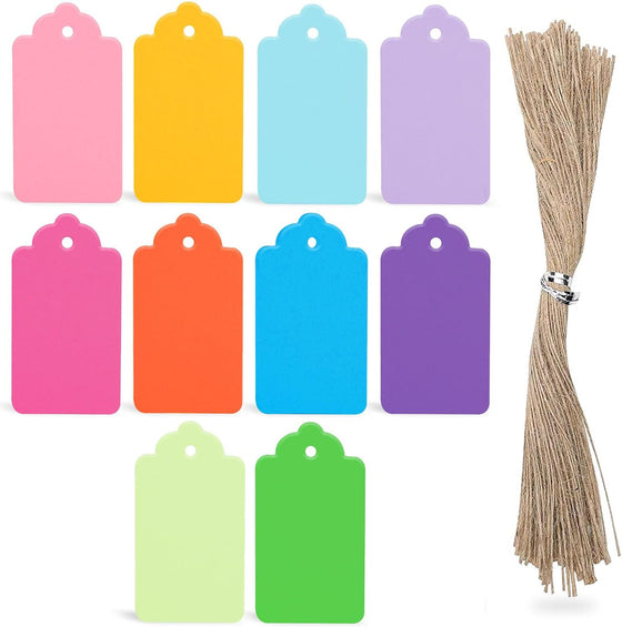SallyFashion 100 PCS Gift Tags with String Attached, 1.6x2.8 inch Colored Gift Tags for Presents DIY Crafts Clothes Holiday Wedding Party Favors