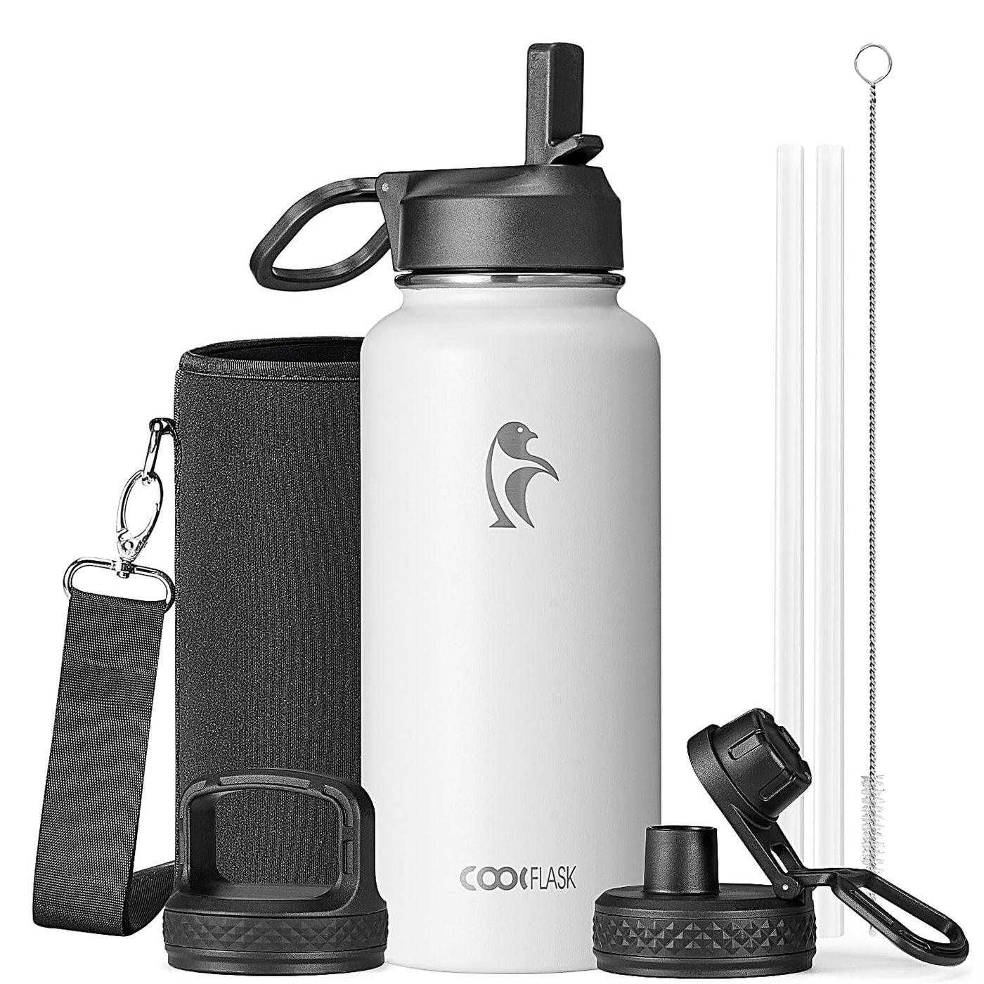 Water Bottle 40 oz Insulated with Straw&Brush, Coolflask Vaccum Stainless Steel Metal 3 Lids Water Flask for Sports, Gym or Office, Keep Cold 48H Hot 24H, Magic Black