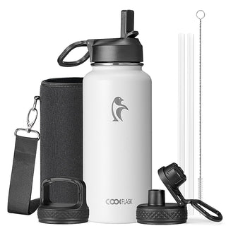 Water Bottle 40 oz Insulated with Straw&Brush, Coolflask Vaccum Stainless Steel Metal 3 Lids Water Flask for Sports, Gym or Office, Keep Cold 48H Hot 24H, Magic Black