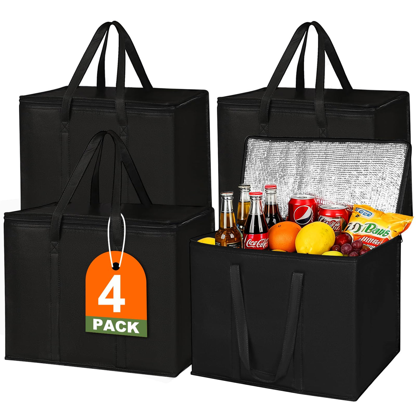 JNYONG 2 Pack Insulated Reusable Grocery Shopping Bags with zippered top,Food Delivery Bag,Collapsible Cooler Bag for Frozen Foods