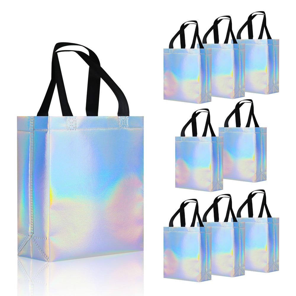 cabzymx 18 Pcs Glossy Iridescent Small Gift Bags Bulk, 8x3.9x9.8 In Non-woven Party Bags for Present with Sturdy Bases for Birthday, Wedding, Easter, Party, Holiday
