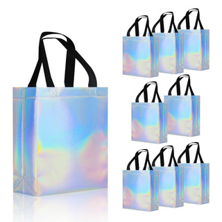 cabzymx 18 Pcs Glossy Iridescent Small Gift Bags Bulk, 8x3.9x9.8 In Non-woven Party Bags for Present with Sturdy Bases for Birthday, Wedding, Easter, Party, Holiday