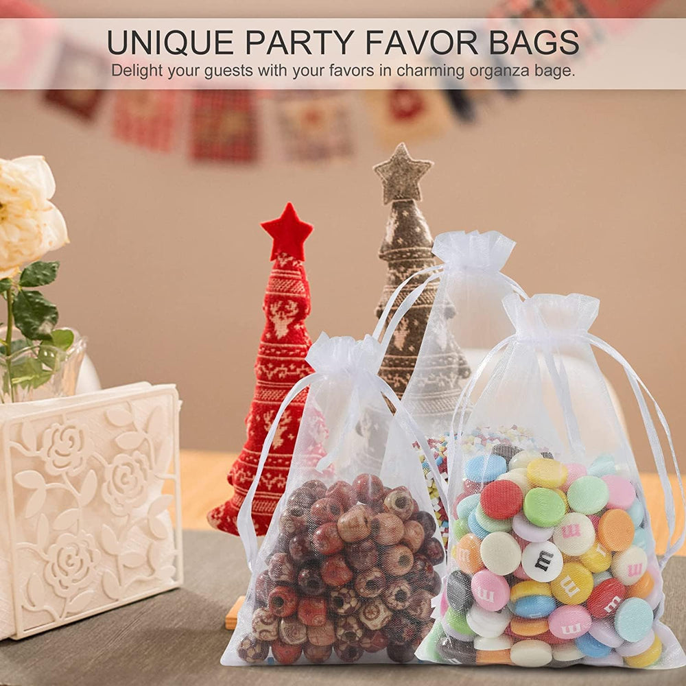 ANZNKU 50 Pack Organza Bags 5 x 7 in White Small Mesh Gift Bags Bulk Drawstring for Wedding Party Favors, Little Goodie Bag for Candy Jewelry Soap Makeup, Treat Sachet Pouch for Baby Shower Graduation