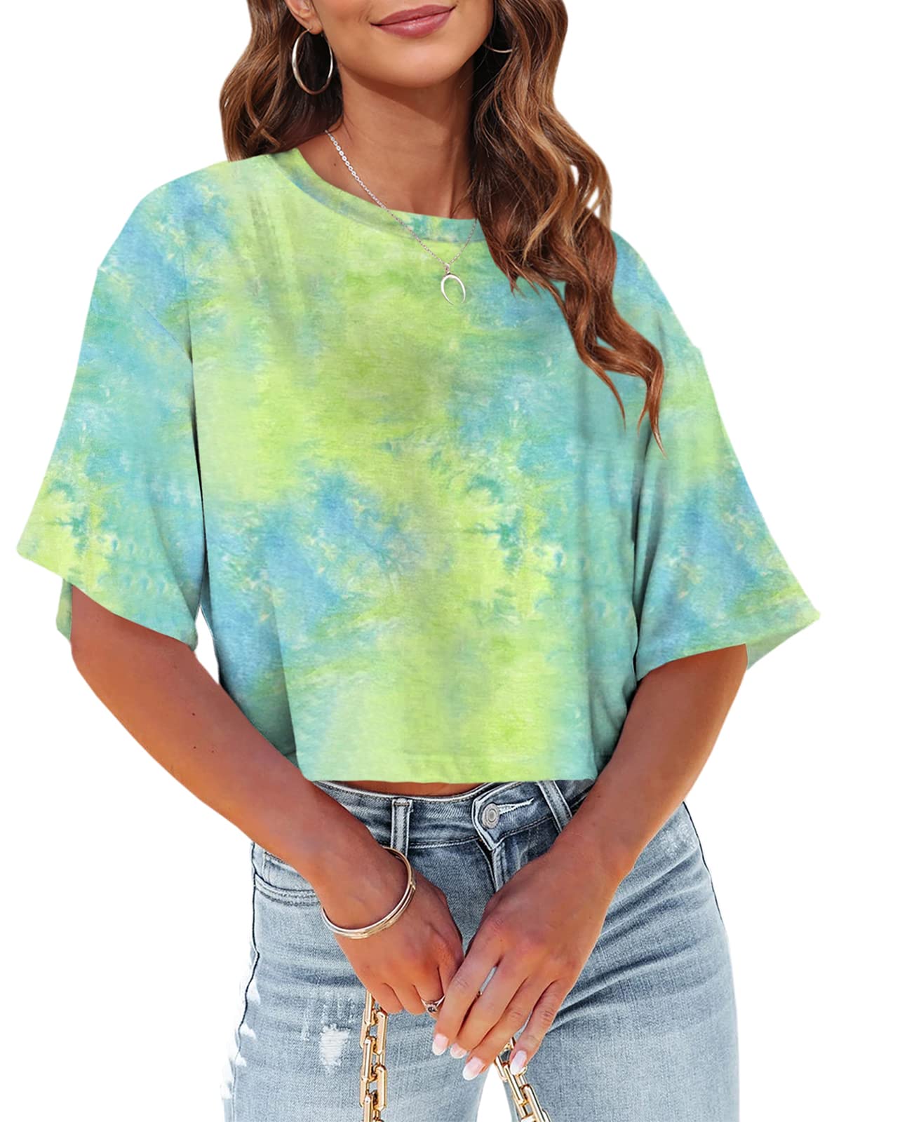 Tankaneo Women Half Sleeve Cropped T-Shirts Drop Shoulder Round Neck Crop Tops Casual Summer Solid Color Basic Tees