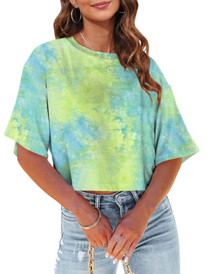 Tankaneo Women Half Sleeve Cropped T-Shirts Drop Shoulder Round Neck Crop Tops Casual Summer Solid Color Basic Tees