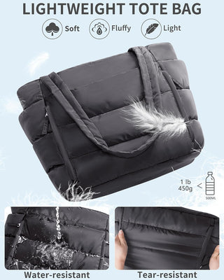 Bagstellar Puffer Tote Bag for Women, Lightweight Puffy Work Handbag Teacher Nurse Quilted Shoulder Bag for School Travel Gym | Cloud Bag w/ Zipper