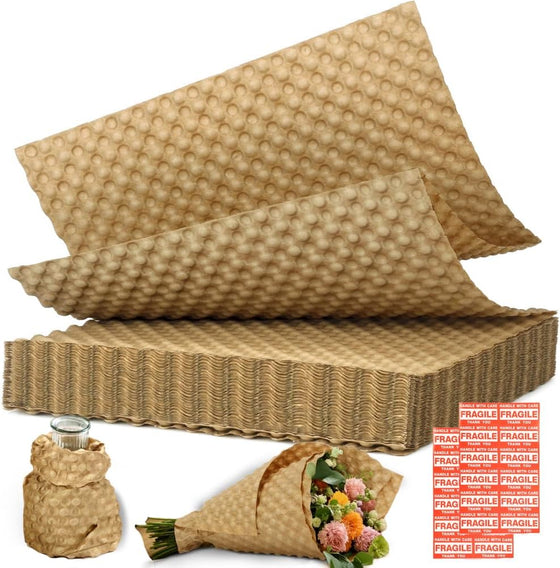 Paper Bubble Wrap Sheets for Packing 15" x 12” x 50 FT Bubble Wrap for Moving,Packing,Shipping, Recyclable Packing Paper for Glass,Dishes, Biodegradable Cushioning Wrap with 24 Fragile Stickers