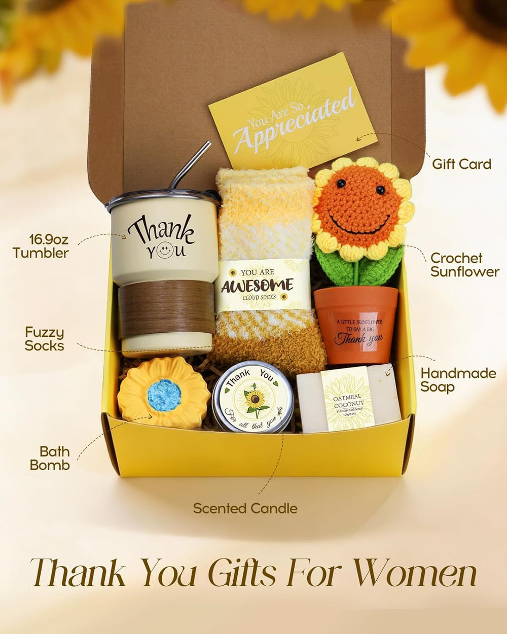Thank You Gift Basket for Women - 7pcs Teacher Appreciation Gifts, Thank You Gift Baskets for Teacher, Nurse, Employee, Coworker, Social Worker, Secretary with Crochet Sunflower