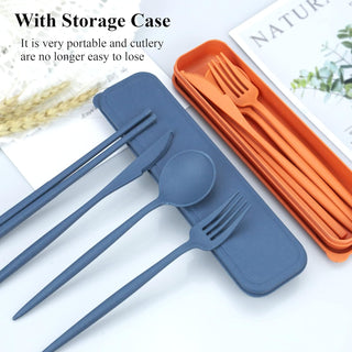 DISSKNIC Reusable Travel Utensils with Case, 4 Sets Wheat Straw Portable Cutlery Set Chopsticks Knives Fork and Spoon for Lunch Box Accessories, Camping Flatware Sets for Daily Use or Outdoor