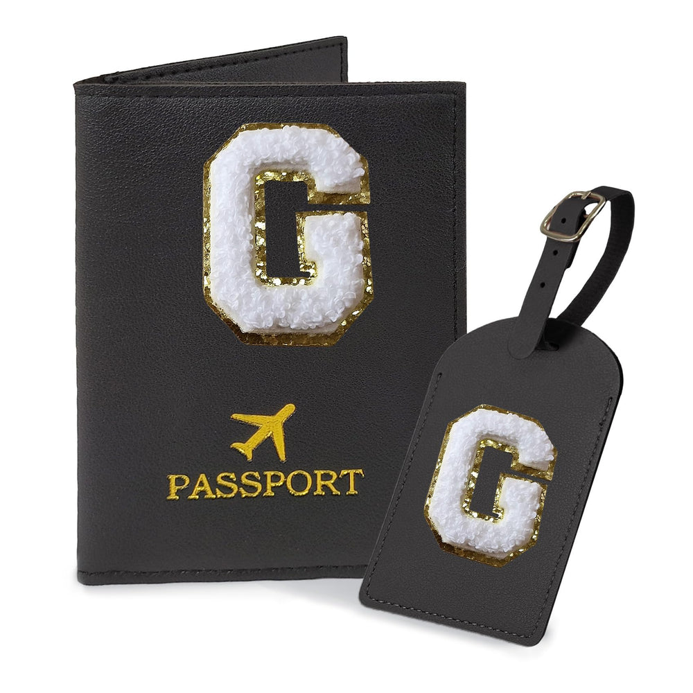 COSHAYSOO Purple Passport Cover Holder and Initial Luggage Tag Set TSA Approved with Personalized Monogram Chenille Letter Patch for Women Teen Girls, Cute Travel Bag Suitcase Identifier (A)