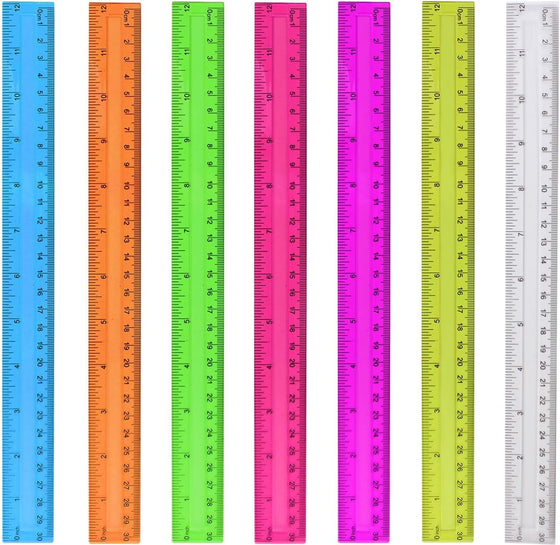 7PCS Clear Ruler, 12 Inch Plastic Rulers for School, Home, or Office, Clear Plastic Rulers, Assorted Colors.