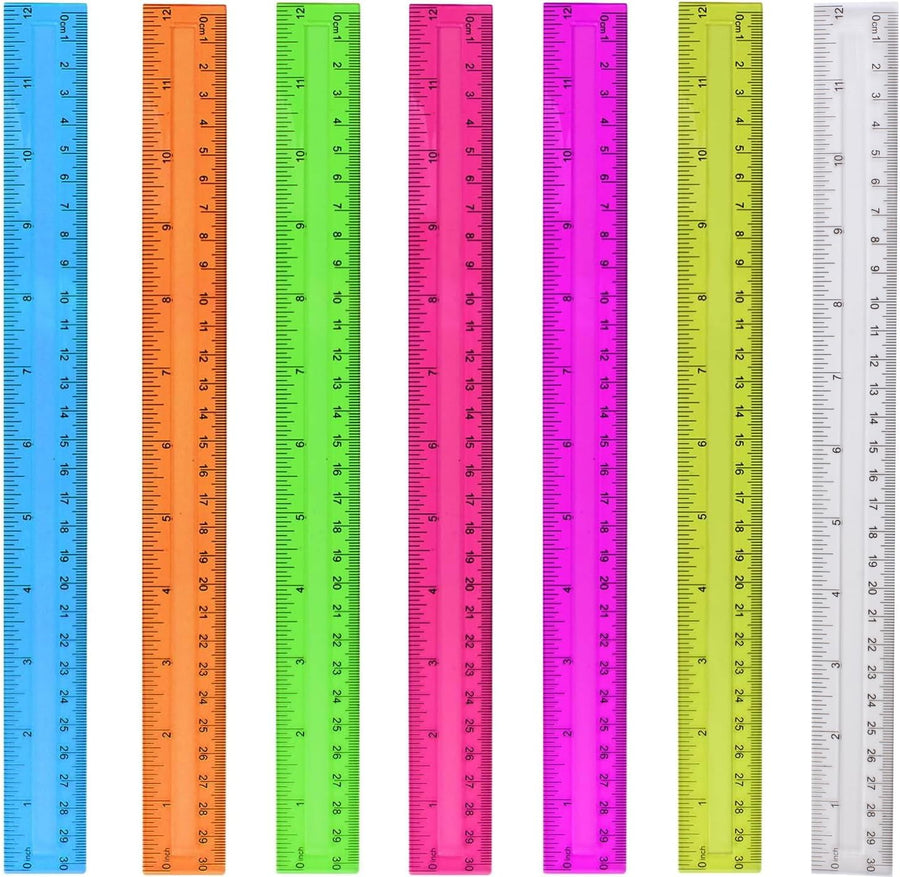 7PCS Clear Ruler, 12 Inch Plastic Rulers for School, Home, or Office, Clear Plastic Rulers, Assorted Colors.