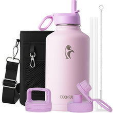 Water Bottle 40 oz Insulated with Straw&Brush, Coolflask Vaccum Stainless Steel Metal 3 Lids Water Flask for Sports, Gym or Office, Keep Cold 48H Hot 24H, Magic Black