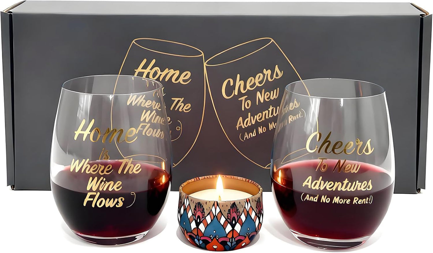 New Home Wine Glasses Set of 2 with Candle - Cheers To New Adventures & Home is Where The Wine Flows Stemless Red Wine Glass Gift Set for Homeowners, Housewarming Gift with Box