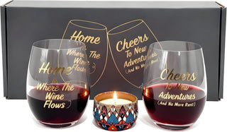 New Home Wine Glasses Set of 2 with Candle - Cheers To New Adventures & Home is Where The Wine Flows Stemless Red Wine Glass Gift Set for Homeowners, Housewarming Gift with Box