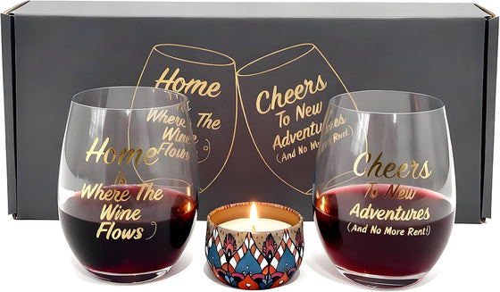 New Home Wine Glasses Set of 2 with Candle - Cheers To New Adventures & Home is Where The Wine Flows Stemless Red Wine Glass Gift Set for Homeowners, Housewarming Gift with Box