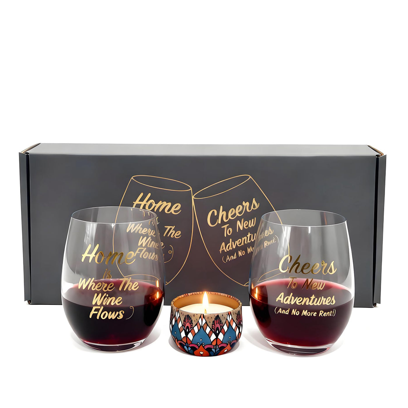 New Home Wine Glasses Set of 2 with Candle - Cheers To New Adventures & Home is Where The Wine Flows Stemless Red Wine Glass Gift Set for Homeowners, Housewarming Gift with Box