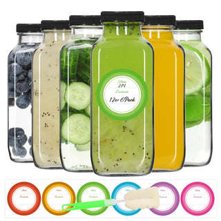 STARSIDE 8 oz 3 Pack Glass Juice Bottles with Lids - Square Reusable Drinking Jars for Juicing, Milk, Kombucha - Includes 1 Bottle Brush, 6 Colored Labels