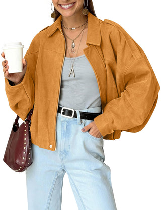 Kissonic Womens Faux Suede Bomber Jacket Oversized Batwing Long Sleeve Zip Up Cropped Coat Streetwear