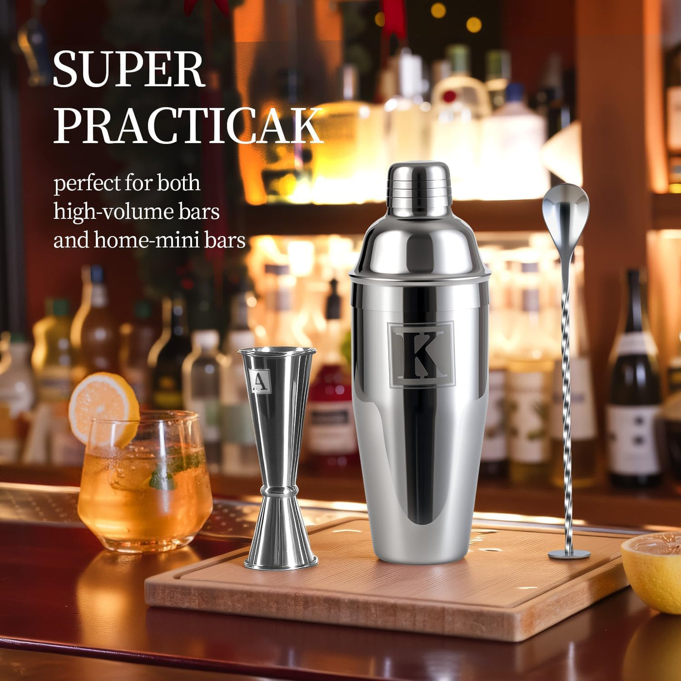 24oz Cocktail Shaker Set with 1 oz 2oz Jigger - Monogramm Initials Martini Shaker Set - 304 Stainless Steel Bar Shaker for Margarita,Mojito-Personalized Gift for Friend,Husband-W