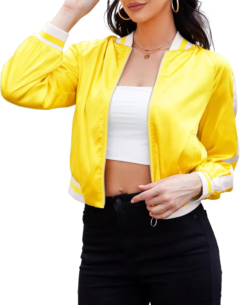 Zando Bomber Jacket Women 2025 - Lightweight Cropped Jacket Zip Up Casual Striped Women Jackets Trendy Outerwear with Pockets