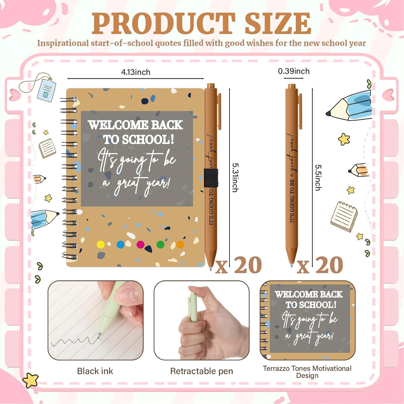 Dunzoom 40 Pcs Welcome Back to School Gifts Bulk Spiral Notebooks with Sticky Notes Motivational Pens First Day of School Notepads Party Favor for Teacher Student Classroom(Terrazzo Tones,Multicolor)
