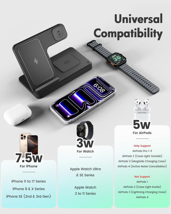 Wireless Charger iPhone Charging Station: 3 in 1 Charger Stand Multiple Devices for Apple - iPhone 17 16e 16 15 14 Pro Max 13 12 11 - Watch 11 10 9 8 7 6 5 4 3 2 SE and Ultra Series - Airpods 4 3 Pro - hover image