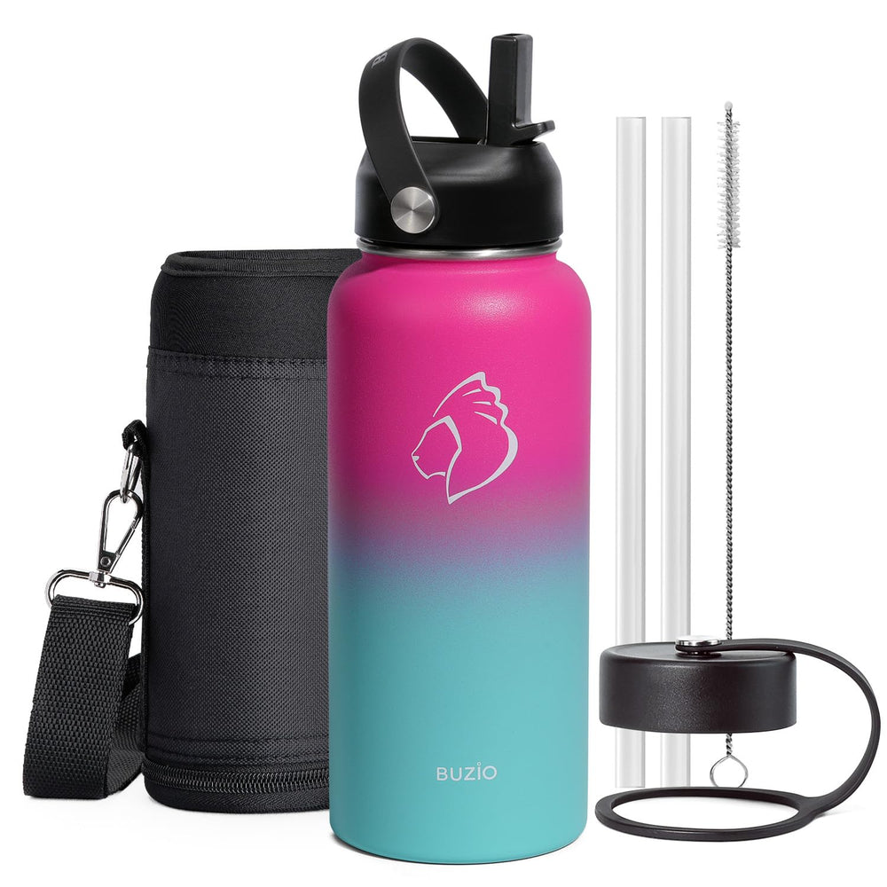 BUZIO 40oz Insulated Water Bottle, Triple Wall Vacuum Stainless Steel Water Flask with 2 lids, Lead-Free BPA-Free Straw Lid Sports Canteen Jug, Cold 48H & Hot 24H- Black