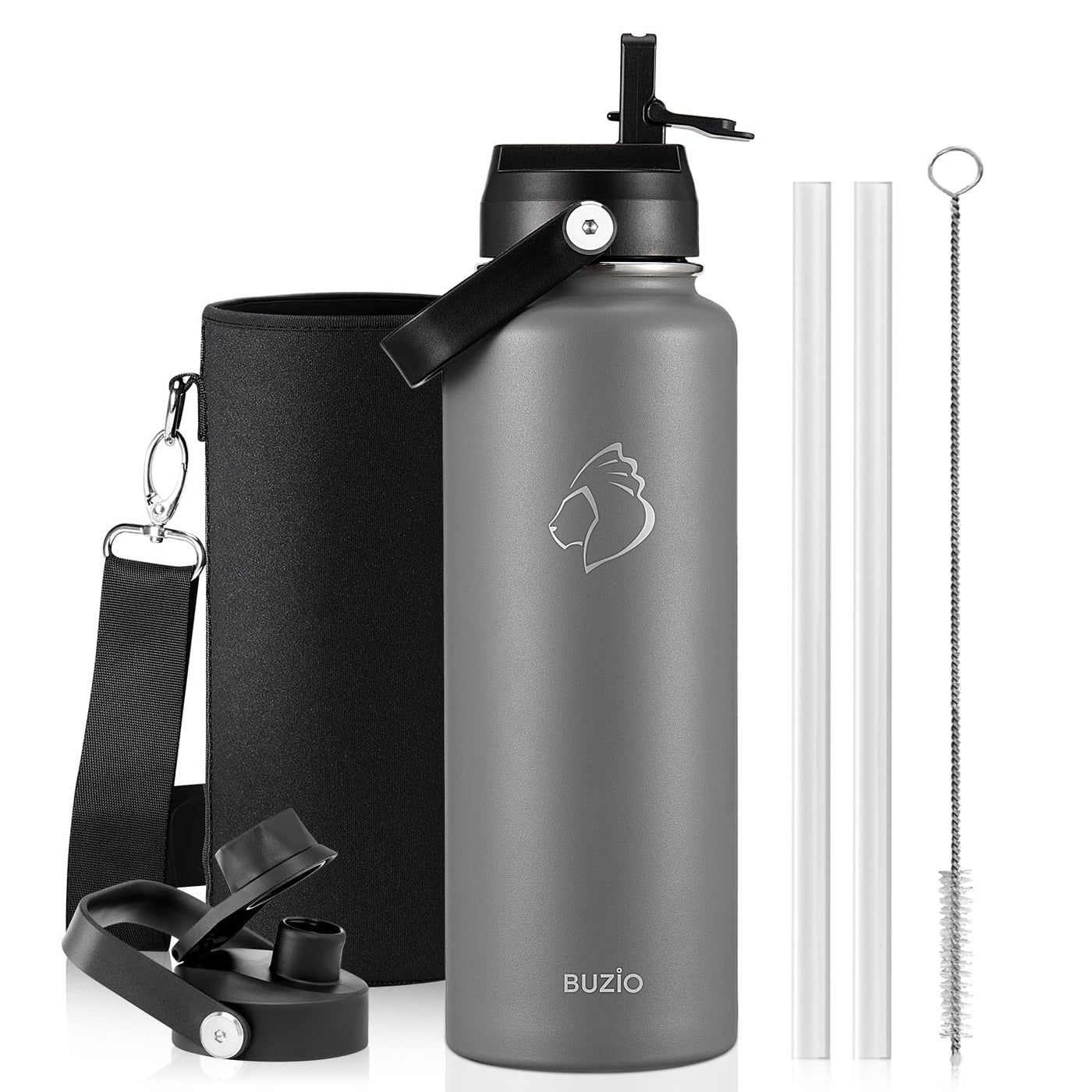 BUZIO 40oz Insulated Water Bottle, Triple Wall Vacuum Stainless Steel Water Flask with 2 lids, Lead-Free BPA-Free Straw Lid Sports Canteen Jug, Cold 48H & Hot 24H- Black