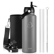 BUZIO 40oz Insulated Water Bottle, Triple Wall Vacuum Stainless Steel Water Flask with 2 lids, Lead-Free BPA-Free Straw Lid Sports Canteen Jug, Cold 48H & Hot 24H- Black