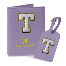 COSHAYSOO Purple Passport Cover Holder and Initial Luggage Tag Set TSA Approved with Personalized Monogram Chenille Letter Patch for Women Teen Girls, Cute Travel Bag Suitcase Identifier (A)