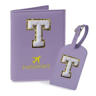 COSHAYSOO Purple Passport Cover Holder and Initial Luggage Tag Set TSA Approved with Personalized Monogram Chenille Letter Patch for Women Teen Girls, Cute Travel Bag Suitcase Identifier (A)