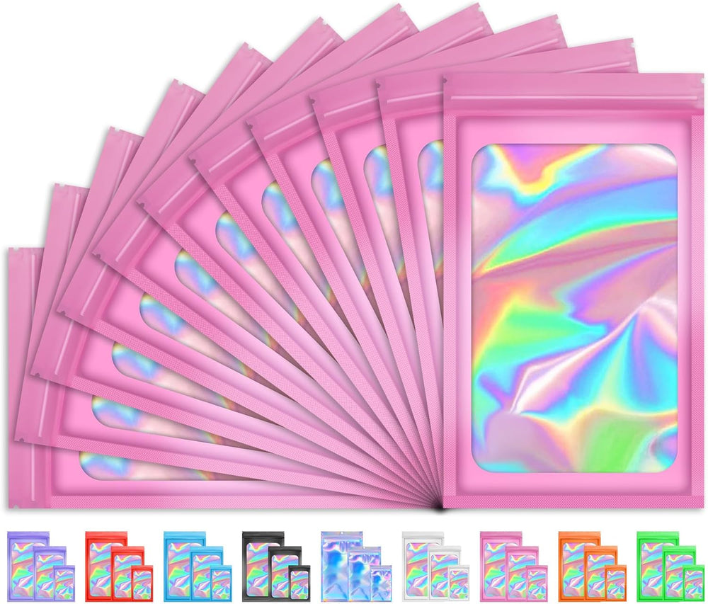 100 PCS Holographic Bags, Smell Proof Bag, Resealable Gift Bags, Clear Bags for Food Storage, Party Favor Bag, Mylar Sample Bag for Jewelry, Lipgloss, Eyelash | Pink, 2.4x3.9 Inch