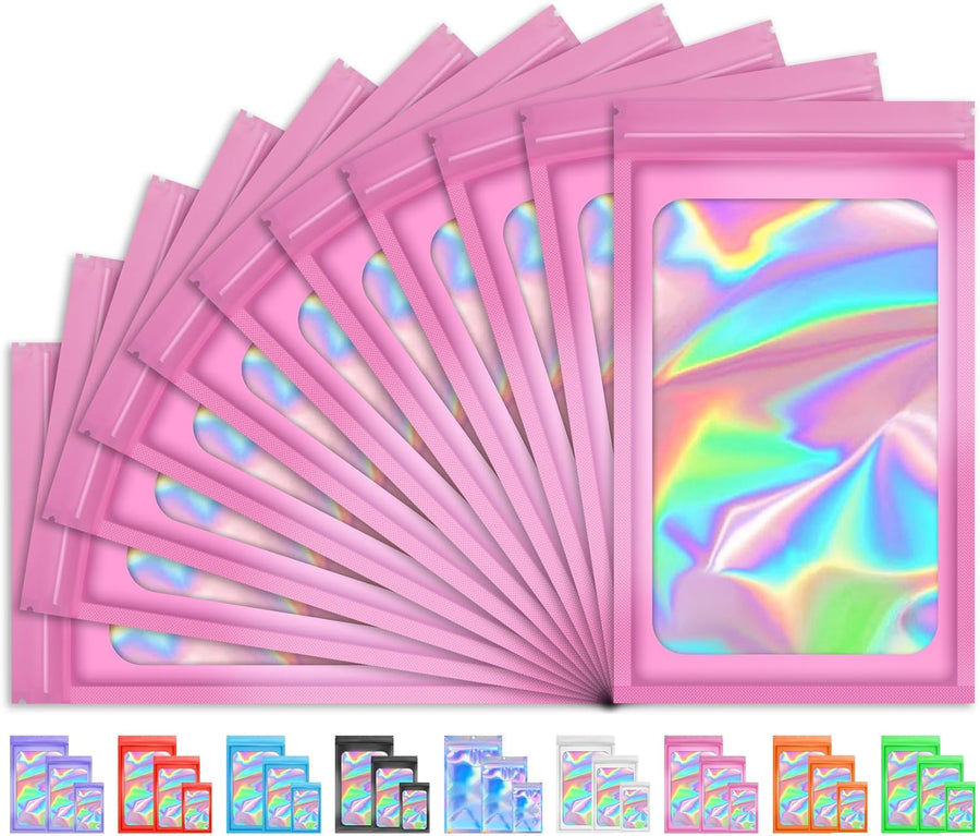 100 PCS Holographic Bags, Smell Proof Bag, Resealable Gift Bags, Clear Bags for Food Storage, Party Favor Bag, Mylar Sample Bag for Jewelry, Lipgloss, Eyelash | Pink, 2.4x3.9 Inch