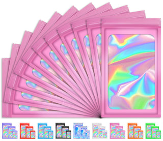 100 PCS Holographic Bags, Smell Proof Bag, Resealable Gift Bags, Clear Bags for Food Storage, Party Favor Bag, Mylar Sample Bag for Jewelry, Lipgloss, Eyelash | Pink, 2.4x3.9 Inch