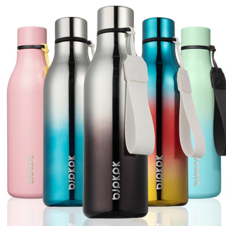 BJPKPK Insulated Water Bottles, 18 oz Stainless Steel Metal Water Bottle with Strap, BPA Free Leak Proof Jugs, Mugs, Flasks, Reusable Thermal Flasks for Sports & Travel, Orange